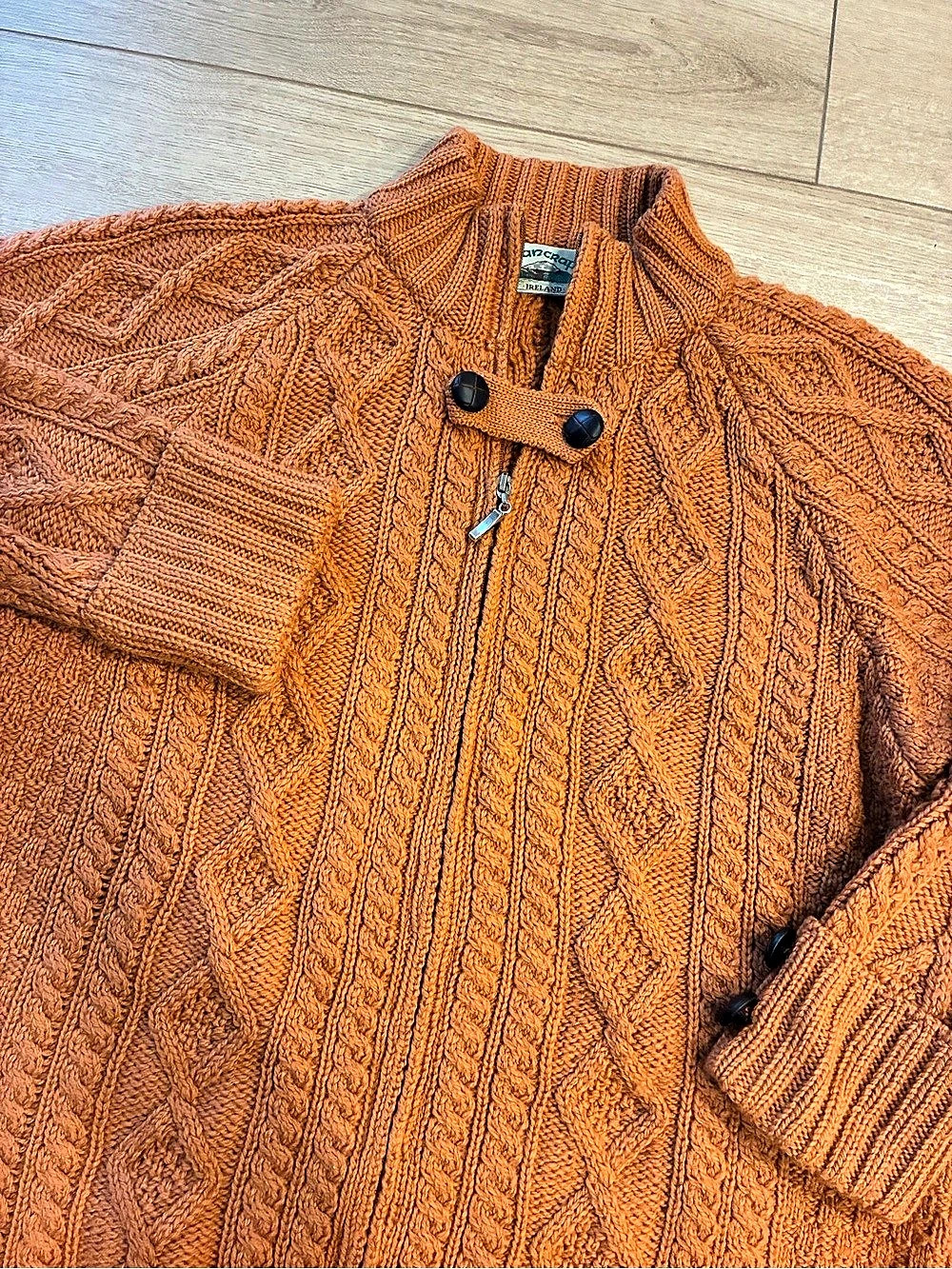 Aran Crafts Women’s Orange Irish Merino Wool Full Zip Knit Sweater Size XL